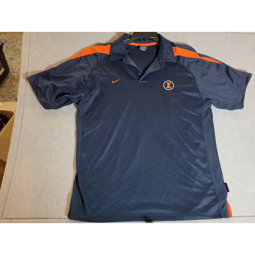 Mens Nike Dri Fit Blue OrangeAthletic Polo Shirt Size L Illinois Fighting Illini